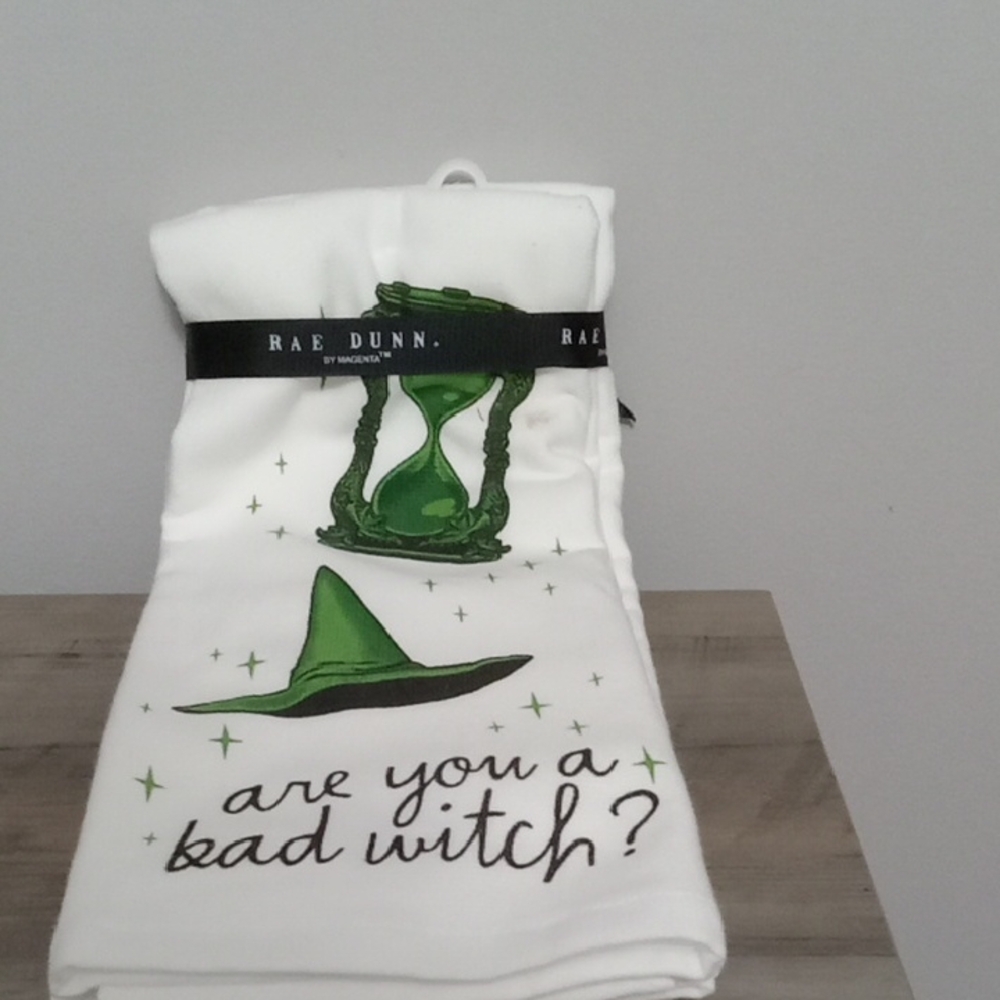 Rae Dunn White Towel Set with Green Witch Design